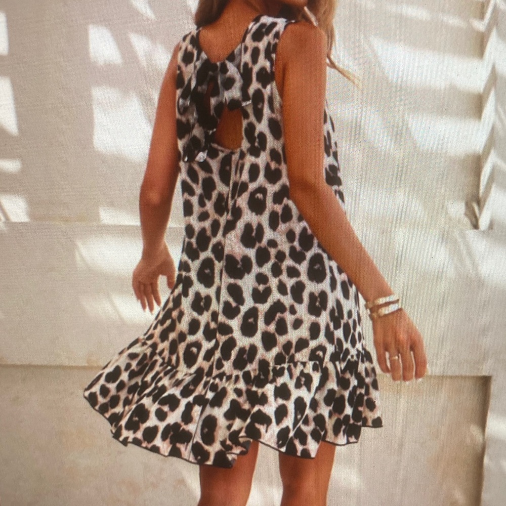 Leopard Print Ruffle Hem Sleeveless Dress - Black & Cream - Picture 2 of 3